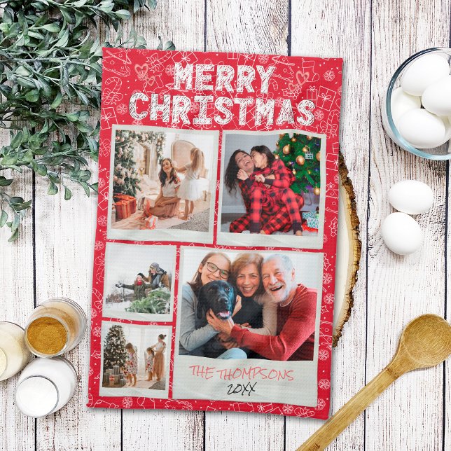 Merry Christmas Red Doodles 5 Photo Family Gift Tea Towel (Creator Uploaded)