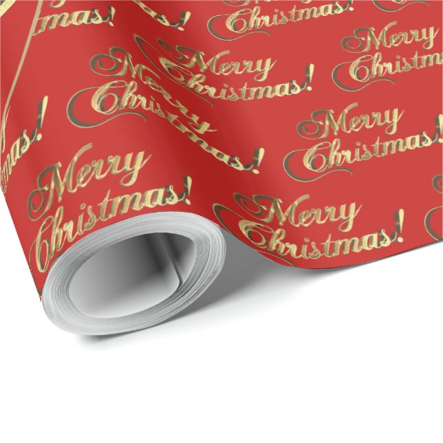 Merry Christmas Red Elegant Faux Gold Foil Script Wrapping Paper (Roll Corner)