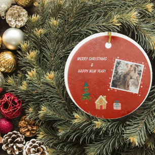 Merry Christmas Red Family Photo Ceramic Tree Decoration