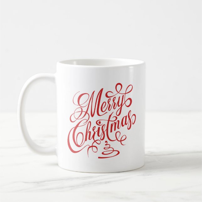 Merry Christmas Red Fancy Cursive Typography Coffee Mug (Left)