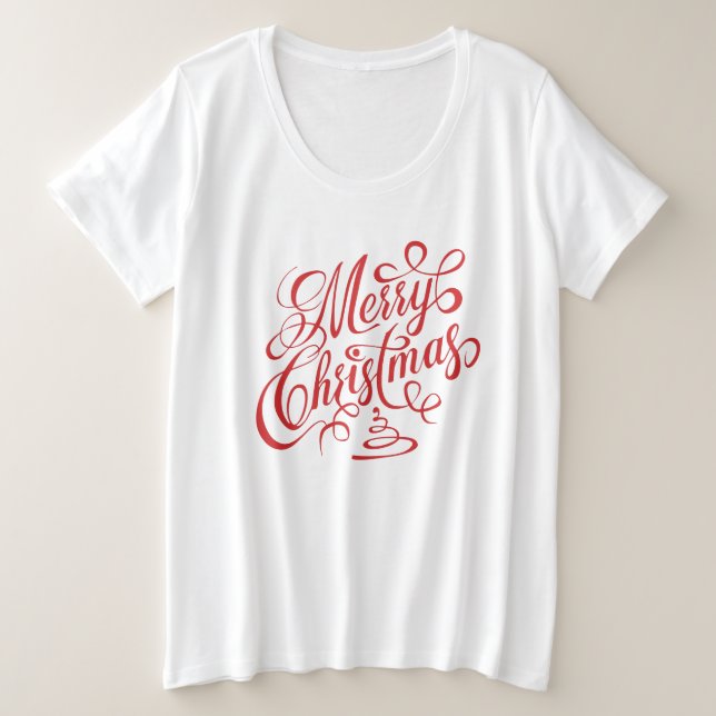 Merry Christmas Red Fancy Cursive Typography Plus Size T-Shirt (Design Front)