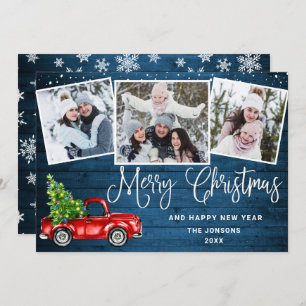 Merry Christmas Red Farm Truck 3 Photo Holiday Card
