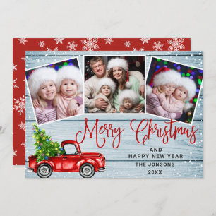 Merry Christmas Red Farm Truck 3 Photo Holiday Card