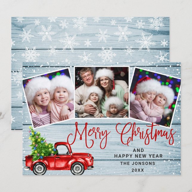 Merry Christmas Red Farm Truck 3 Photo Holiday Card (Front/Back)