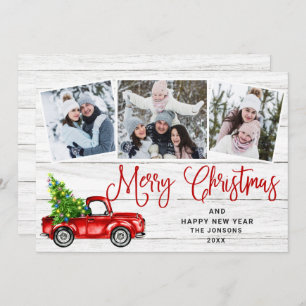 Merry Christmas Red Farm Truck 3 Photo Holiday Card