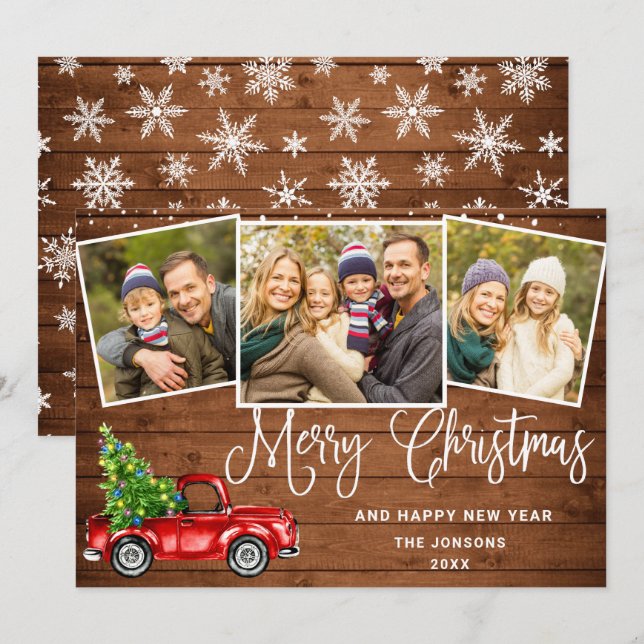 Merry Christmas Red Farm Truck 3 Photo Holiday Card (Front/Back)