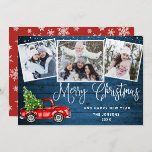 Merry Christmas Red Farm Truck 3 Photo Holiday Card