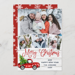 Merry Christmas Red Farm Truck 4 Photo Holiday Card