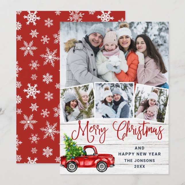 Merry Christmas Red Farm Truck 4 Photo Holiday Card (Front/Back)
