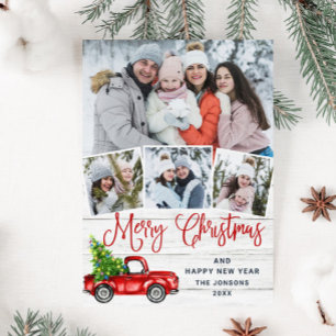 Merry Christmas Red Farm Truck 4 Photo Holiday Card