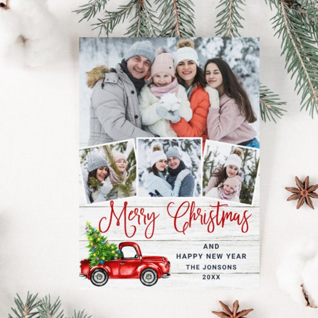 Merry Christmas Red Farm Truck 4 Photo Holiday Card (Creator Uploaded)