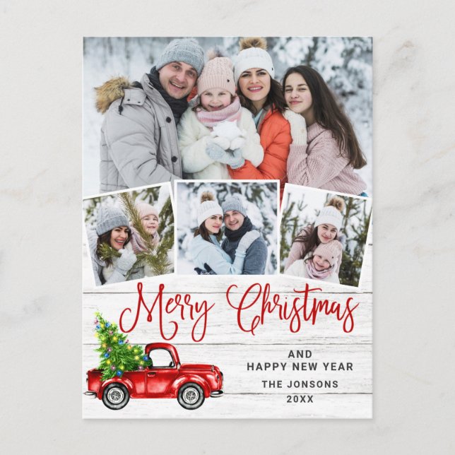 Merry Christmas Red Farm Truck 4 Photo Postcard (Front)