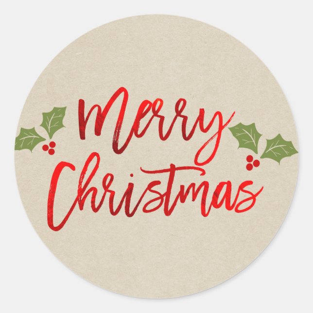 Merry Christmas Red Faux Foil Modern Script Kraft Classic Round Sticker (Front)