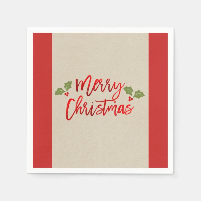 Merry Christmas Red Faux Foil Modern Script Kraft Napkin (Front)