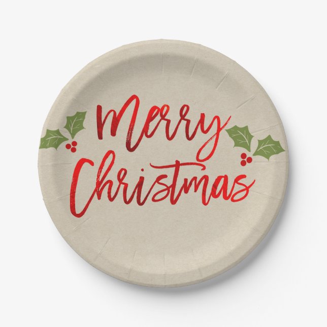 Merry Christmas Red Faux Foil Modern Script Kraft Paper Plate (Front)