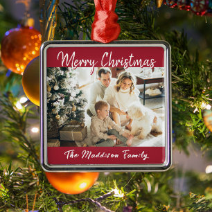 Merry Christmas Red Festive Script Family Photo Metal Tree Decoration