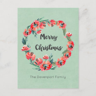 Merry Christmas Red Floral Holiday Wreath Custom Postcard
