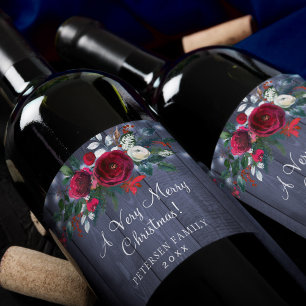 Merry Christmas red floral navy barn family name Wine Label