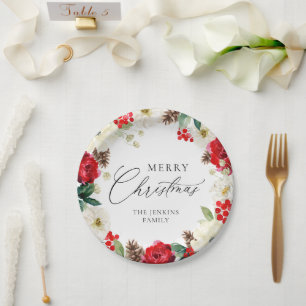 Merry Christmas Red Floral Personalised Paper Plate