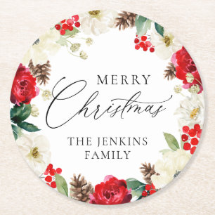 Merry Christmas Red Floral Personalised Round Paper Coaster