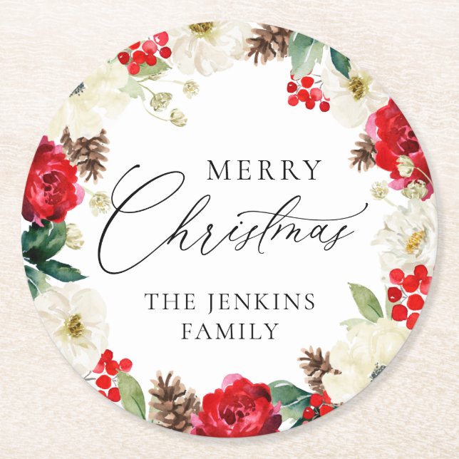 Merry Christmas Red Floral Personalised Round Paper Coaster (Front)
