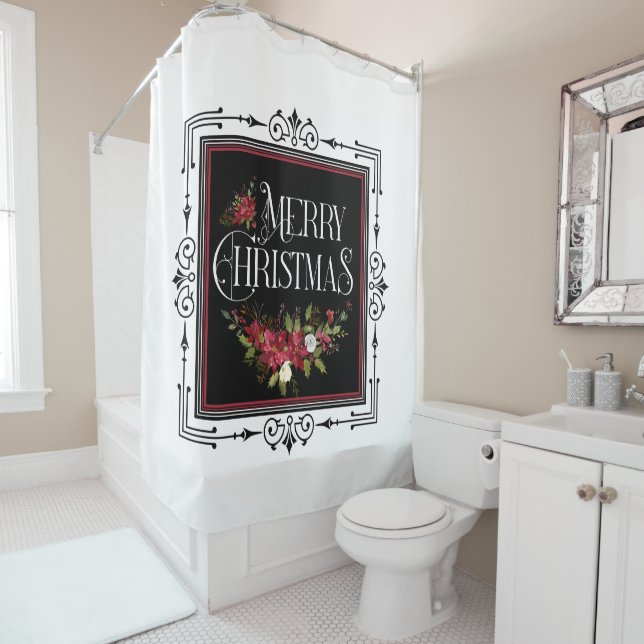 Merry Christmas Red Floral Swag Art Deco Frame Shower Curtain (In Situ)