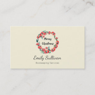 Merry Christmas Red Floral Watercolor Wreath Business Card