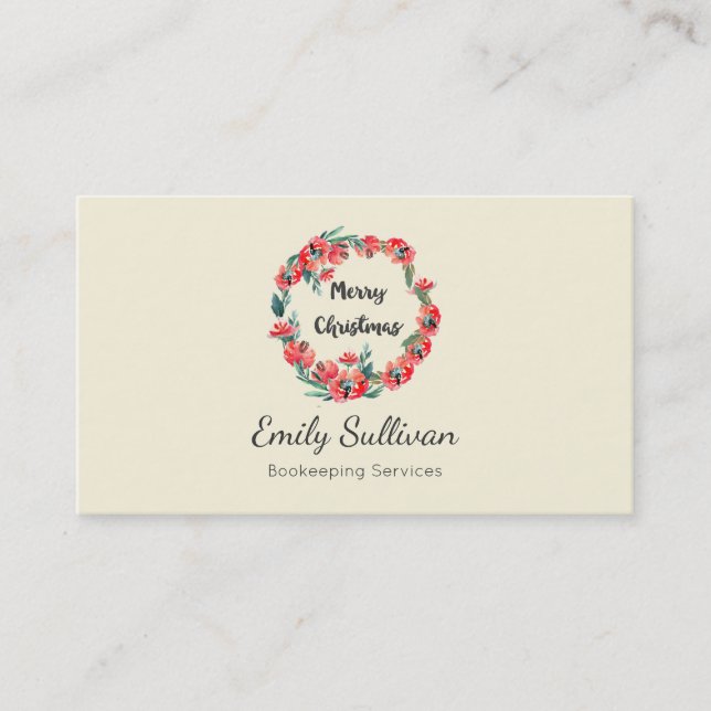 Merry Christmas Red Floral Watercolor Wreath Business Card (Front)