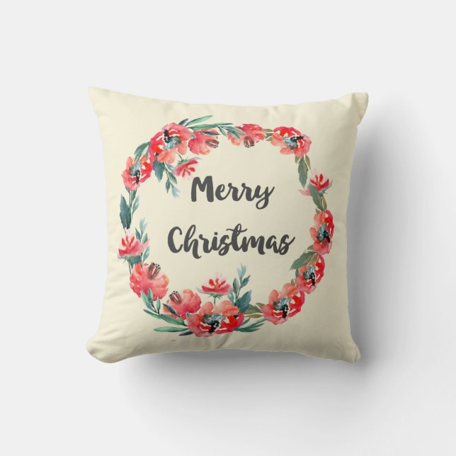 Merry Christmas Red Floral Watercolor Wreath Cushion (Front)