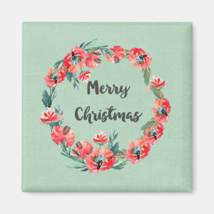 Merry Christmas Red Floral Watercolor Wreath Magnet