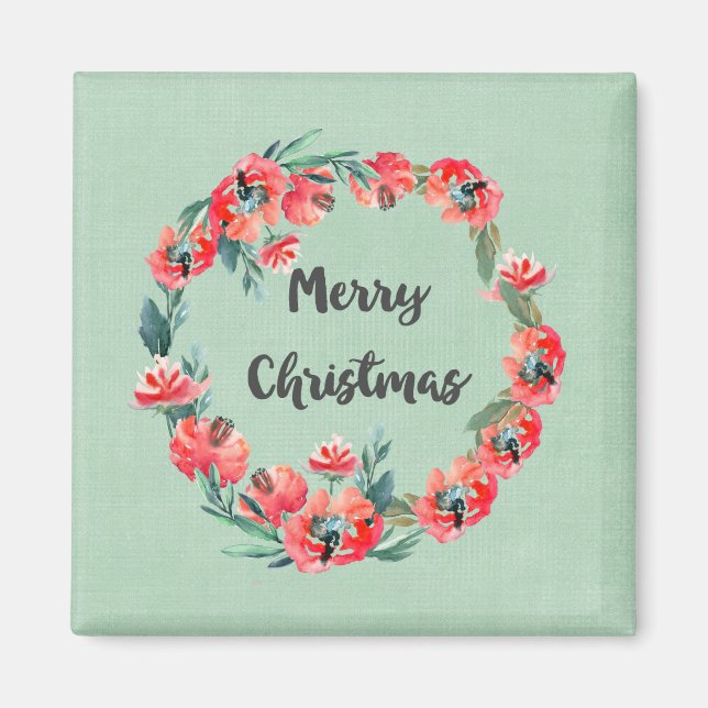Merry Christmas Red Floral Watercolor Wreath Magnet (Front)