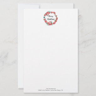 Merry Christmas Red Floral Watercolor Wreath Stationery