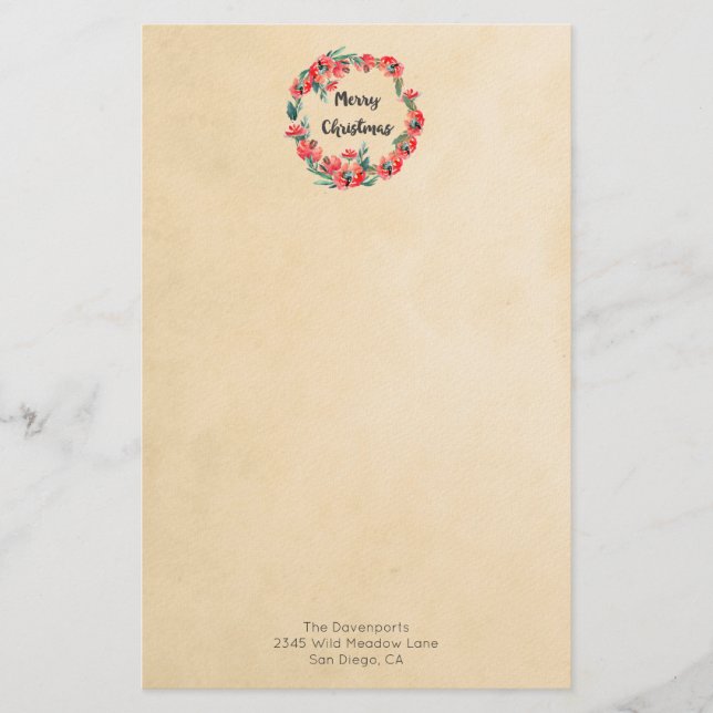 Merry Christmas Red Floral Watercolor Wreath Stationery (Front)