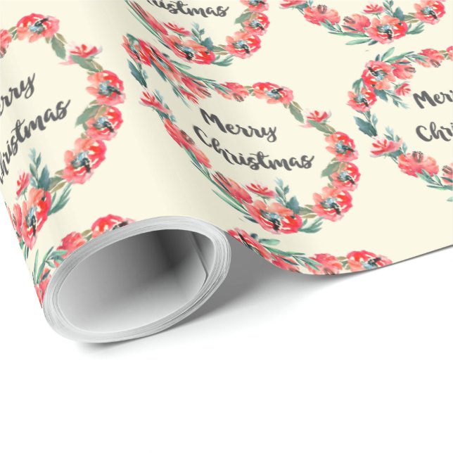 Merry Christmas Red Floral Watercolor Wreath Wrapping Paper (Roll Corner)