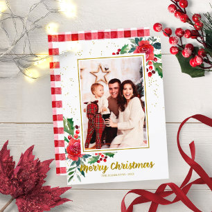 Merry Christmas Red Flowers Holidays Photo Invitation