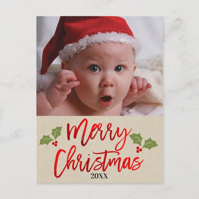Merry Christmas Red Foil Modern Script Photo Holiday Postcard (Front)