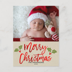 Merry Christmas Red Foil Script Holiday Photo Postcard