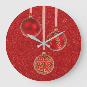 Merry Christmas Red Glitter Baubles Elegant Large Clock