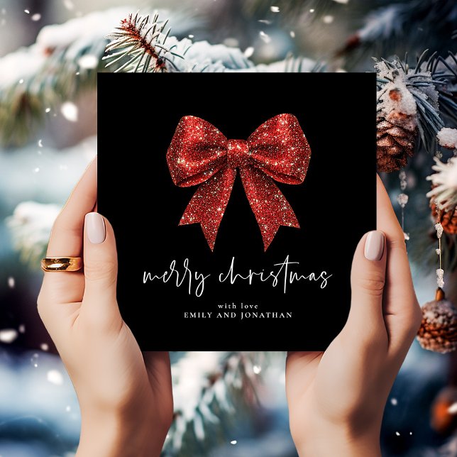 Merry Christmas Red Glitter Coquette Bow Black Invitation (Creator Uploaded)