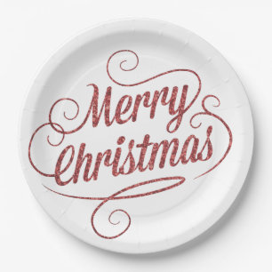 Merry Christmas Red Glitter Holiday Paper Plate