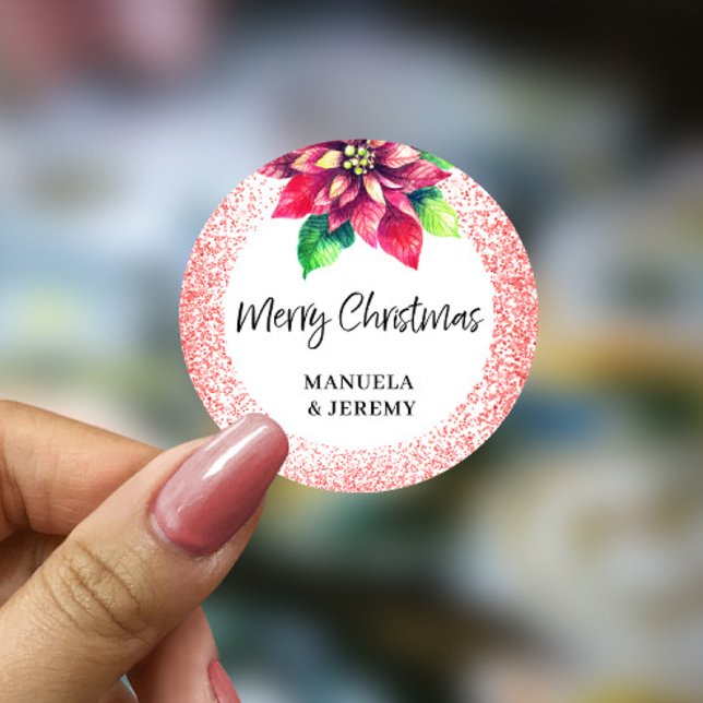Merry Christmas Red Glitter Poinsettia  Classic Round Sticker (Creator Uploaded)