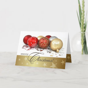 Merry Christmas. Red Gold Baubles Holiday Card