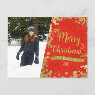Merry Christmas Red & Gold Modern Photo Holiday Postcard