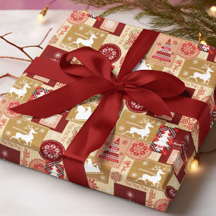 Merry Christmas Red Gold Santa Tartan Patchwork Wrapping Paper