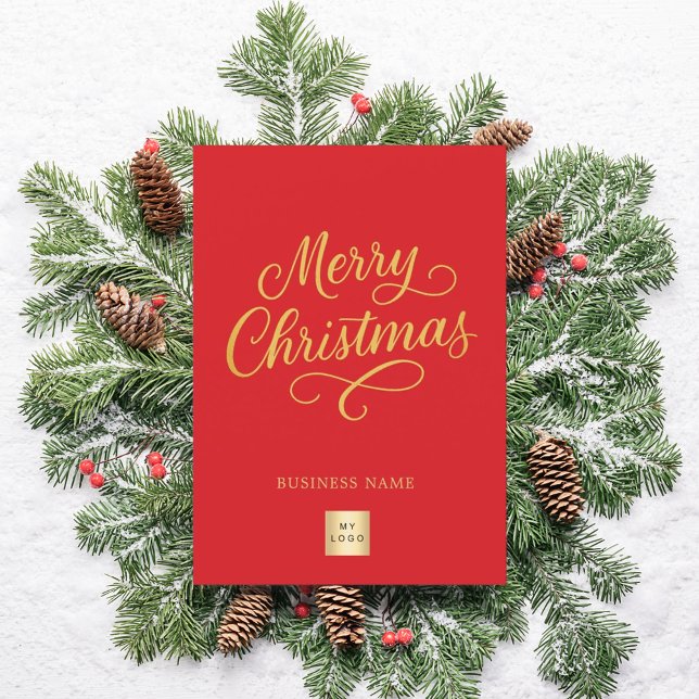 Merry Christmas red gold script business logo Holiday Card (Creator Uploaded)