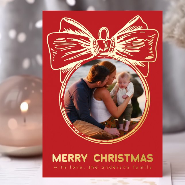 Merry Christmas Red Golden Multi Photo Ornament (Creator Uploaded)