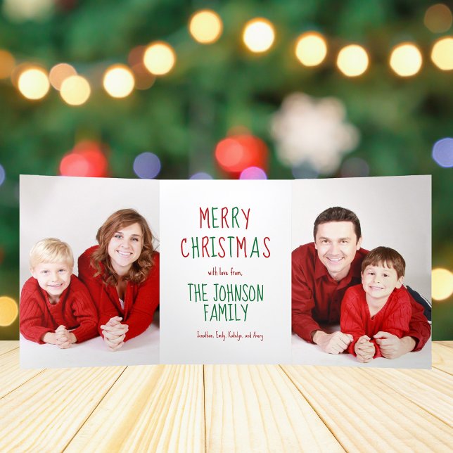 Merry Christmas Red Green 4 Family Photo Cute Tri-Fold Holiday Card (Creator Uploaded)