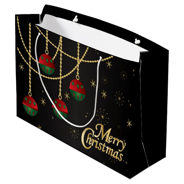 Merry Christmas Red, Green and Gold Ornaments Large Gift Bag (Back Angled)