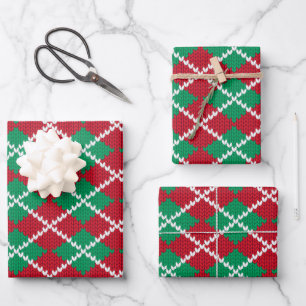 Merry Christmas Red & Green Argyle Pattern Wrapping Paper Sheet