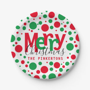Merry Christmas Red Green Dots Typography Monogram Paper Plate